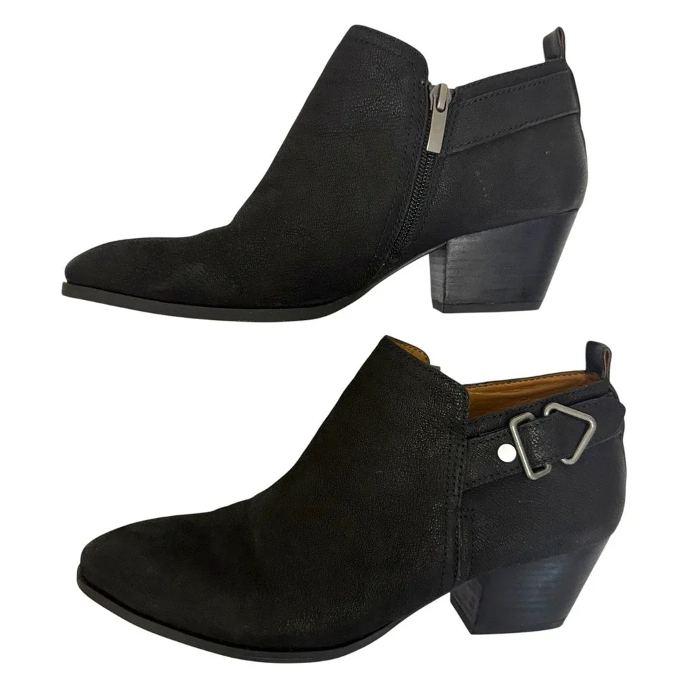 Franco Sarto Women's 8.5 W Black Leather Garfield Western Booties Side Buckle